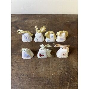 Lot Of 7 Mini Vintage Ceramic Handpainted Bell Ornaments 1" Spring Anniversary